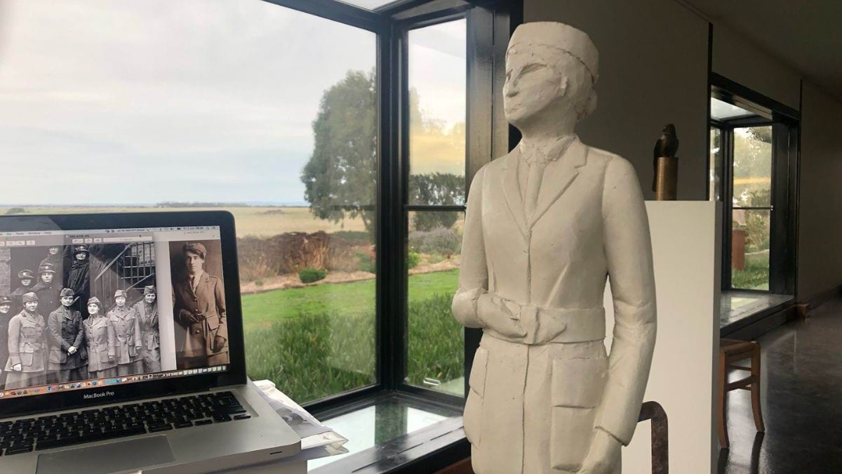 In the studio, the sculpture of Vera is in progress. The artist, Lucy McEachern, has photographs of Vera’s time in service during World War One on her computer for reference and inspiration.