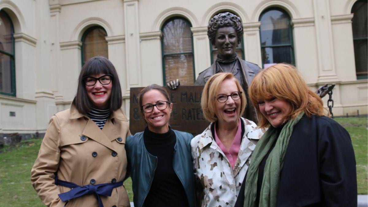 A Monument of One&rsquo;s Own co-conveners Kristine Ziwica and Professor Clare Wright, former Prime Minister Julia Gillard and sculptor Jennifer Mann posing together in front of the statue, a moment after the unveiling.