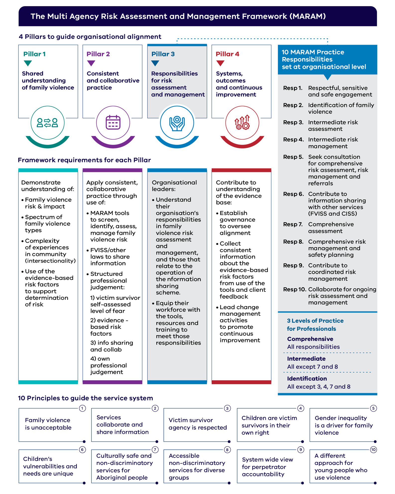 Figure 3: MARAM pillars, principles, and responsibilities. Appendices 3, 4 and 5 provide the MARAM pillars, principles and responsibilities.