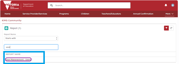 Screenshot of the ‘User Management - Users’ report tab on the KIMS report webpage, as described in the step above.