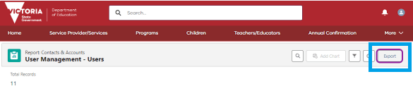 Screenshot showing the ‘Export’ tab on the right-hand side of the KIMS webpage, to export the ‘User Management - Users’ report, as described in the step above.