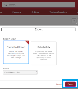 Screenshot showing the ‘Export’ tab to confirm the exporting of the ‘User-management - Users’ report from KIMS