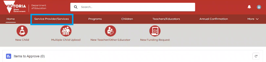 A screenshot of the KIMS landing page, with the ‘Service Provider/Services’ tab highlighted, as described in the step above.
