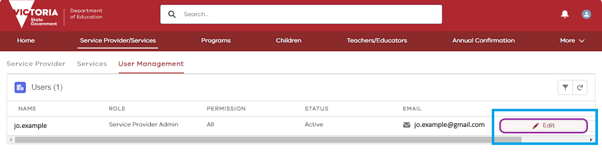 A screenshot of a KIMS ‘User Management’ page which shows the ’edit’ tab, as described in the step above.