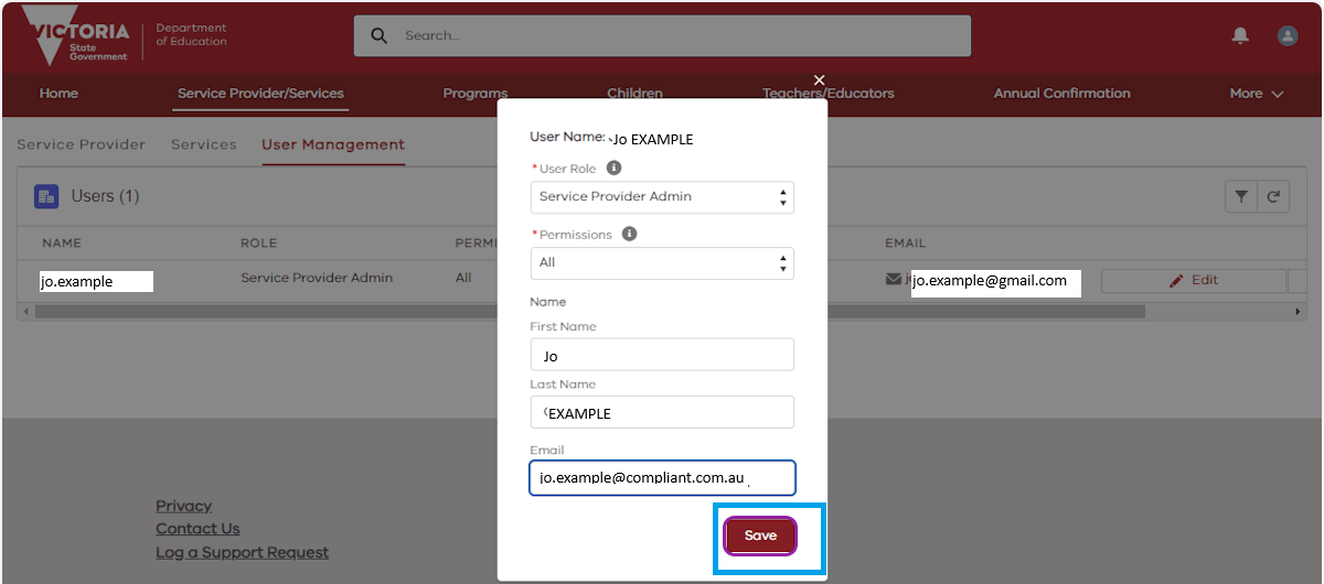 A screenshot of a KIMS ‘User Name’ box which shows where to delete the non-compliant email address, add in the new email address and click the ‘Save’ tab, as described in the step above.