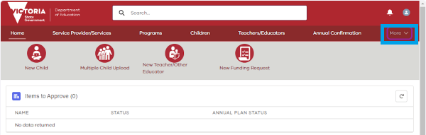 A screenshot of the KIMS landing page, with the ‘More’ tab highlighted, as described in the step above.