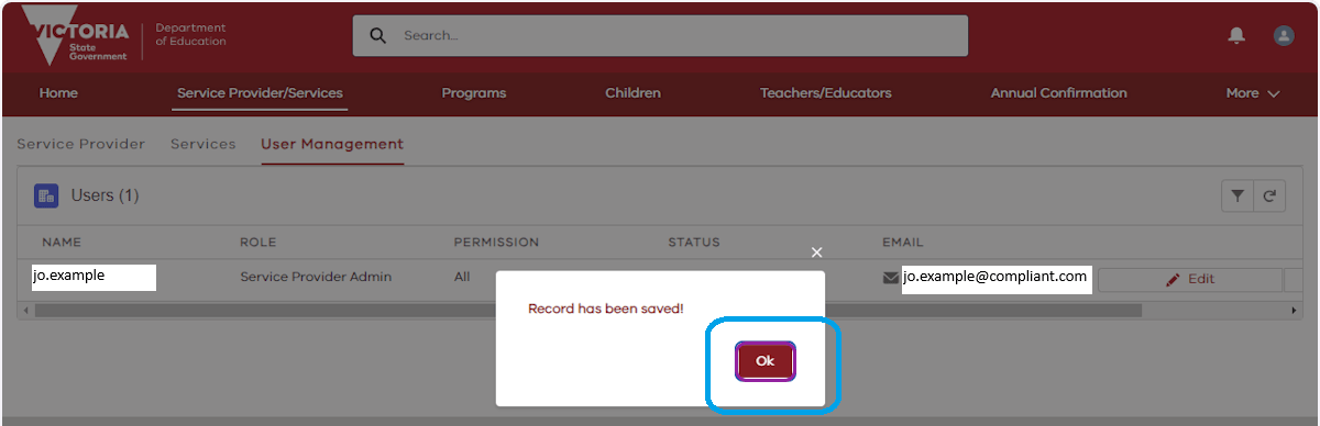 A screenshot showing the ‘Ok’ tab as described in the step above.