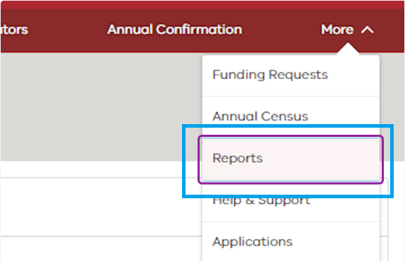 Screenshot of the options displayed in the ‘More’ tab on the KIMS landing page, with the ‘Reports’ option highlighted, as described in the step above.