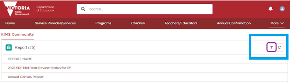 Screenshot of the ‘Reports’ page on KIMS, with the ’toggle filter’ highlighted on the right-hand side of the page, as described in the step above.