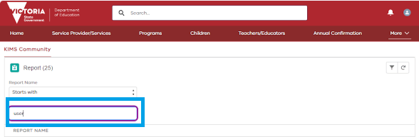 As described in the step above, a screenshot of the word ‘user’ written into the KIMS ‘Reports’ name search function