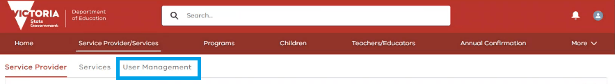 A screenshot of the KIMS ‘Service Provider/Services’ page, with the User Management’ tab highlighted, as described in the step above.