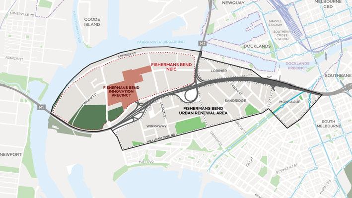 Map of the Fishermans Bend National Employment and Innovation Cluster precinct, and the broader Fishermans Bend urban renewal area. 