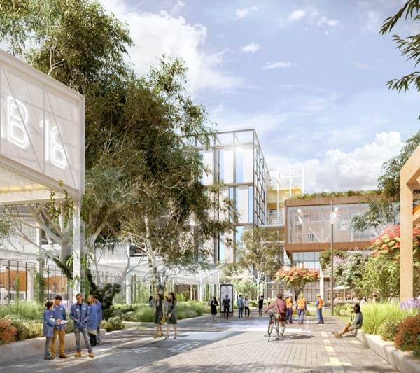 Digital render of public open space in new Innovation Precinct,  promoting collaboration, connectivity and sustainability. Artists impression year 2050.