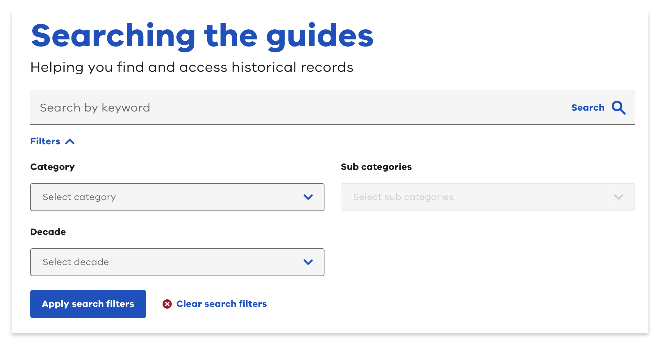 Example of the ‘Searching the guides’ search fields