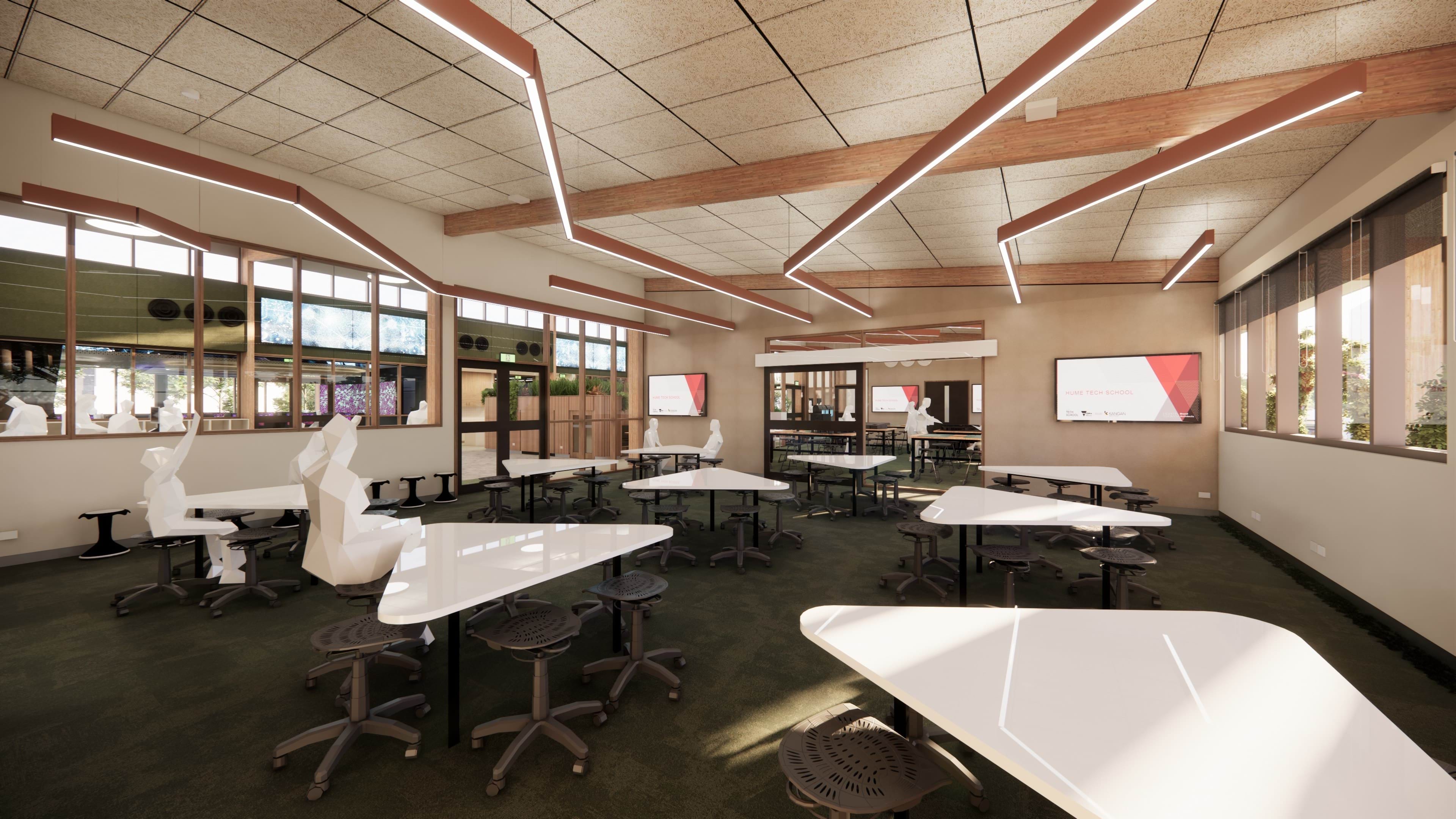 Students engaged in a project within the Hume Tech School’s Collaborative Design Space, showcasing its adaptable layout