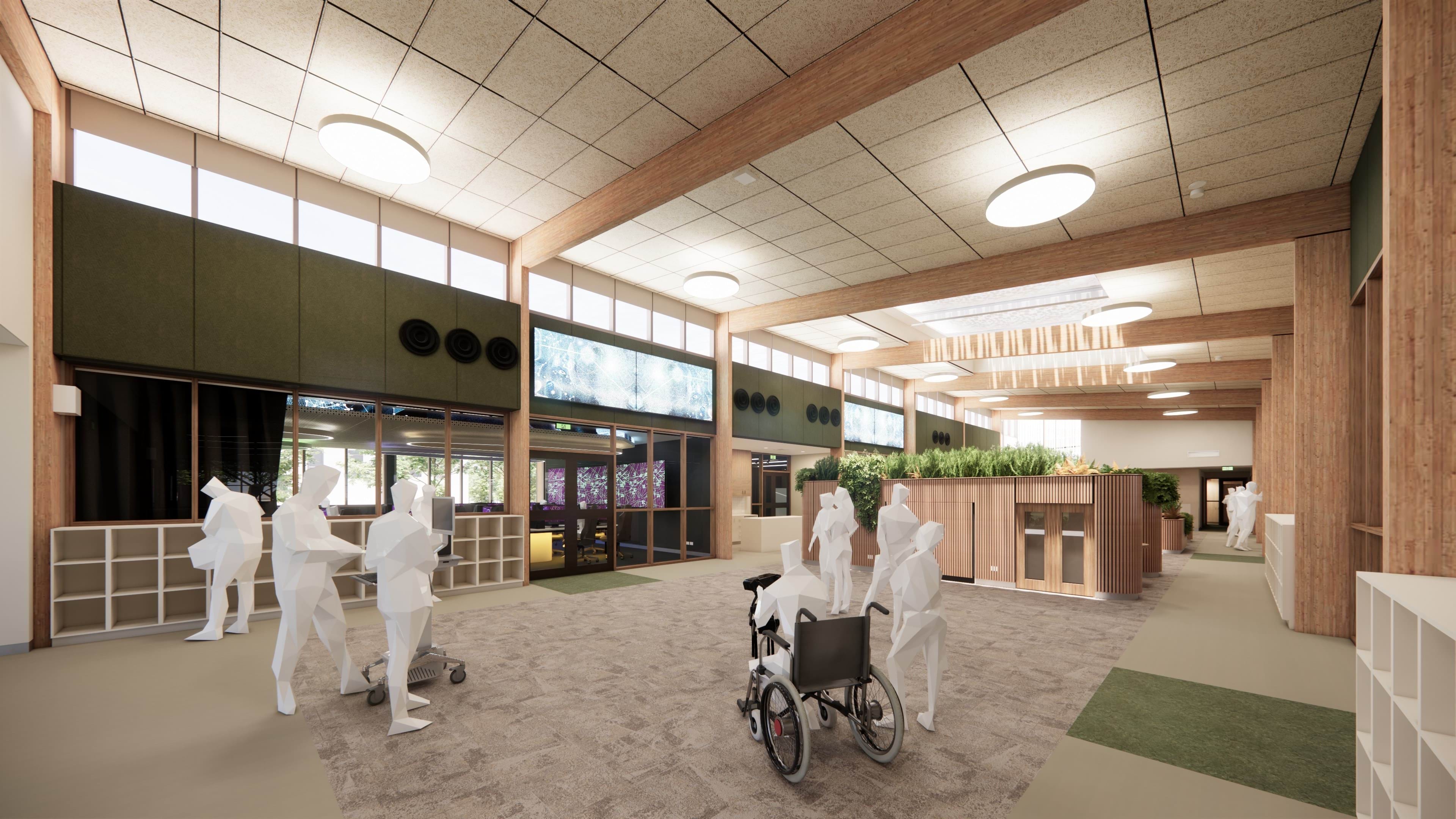 Hume Tech School’s Flexible Activity Presentation Space set up for a dynamic presentation, showcasing its open layout