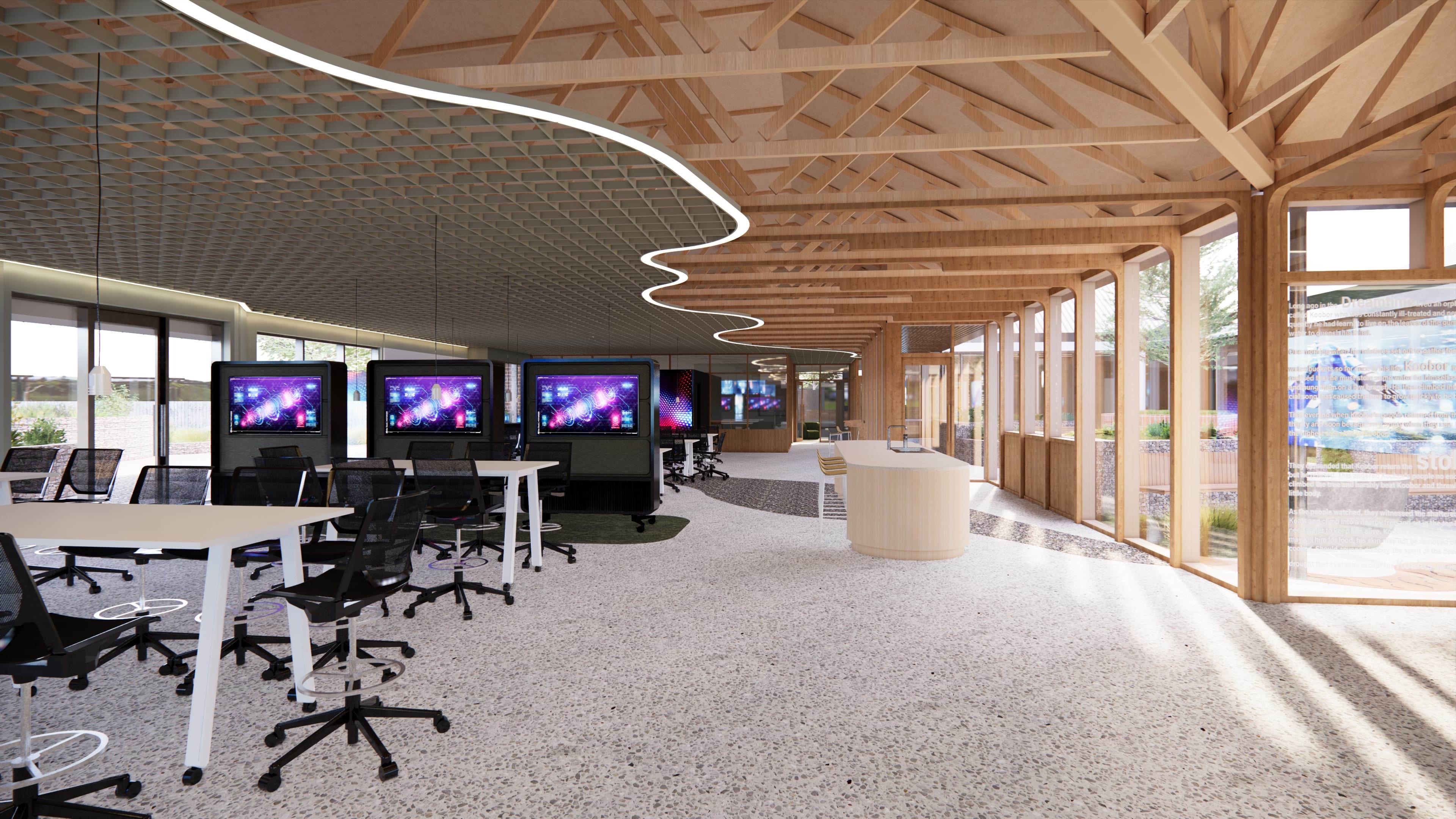 Bright and open interior of the Brimbank Tech School’s multi-use space, encompassing sections 2 and 3, designed for collaborative learning.
