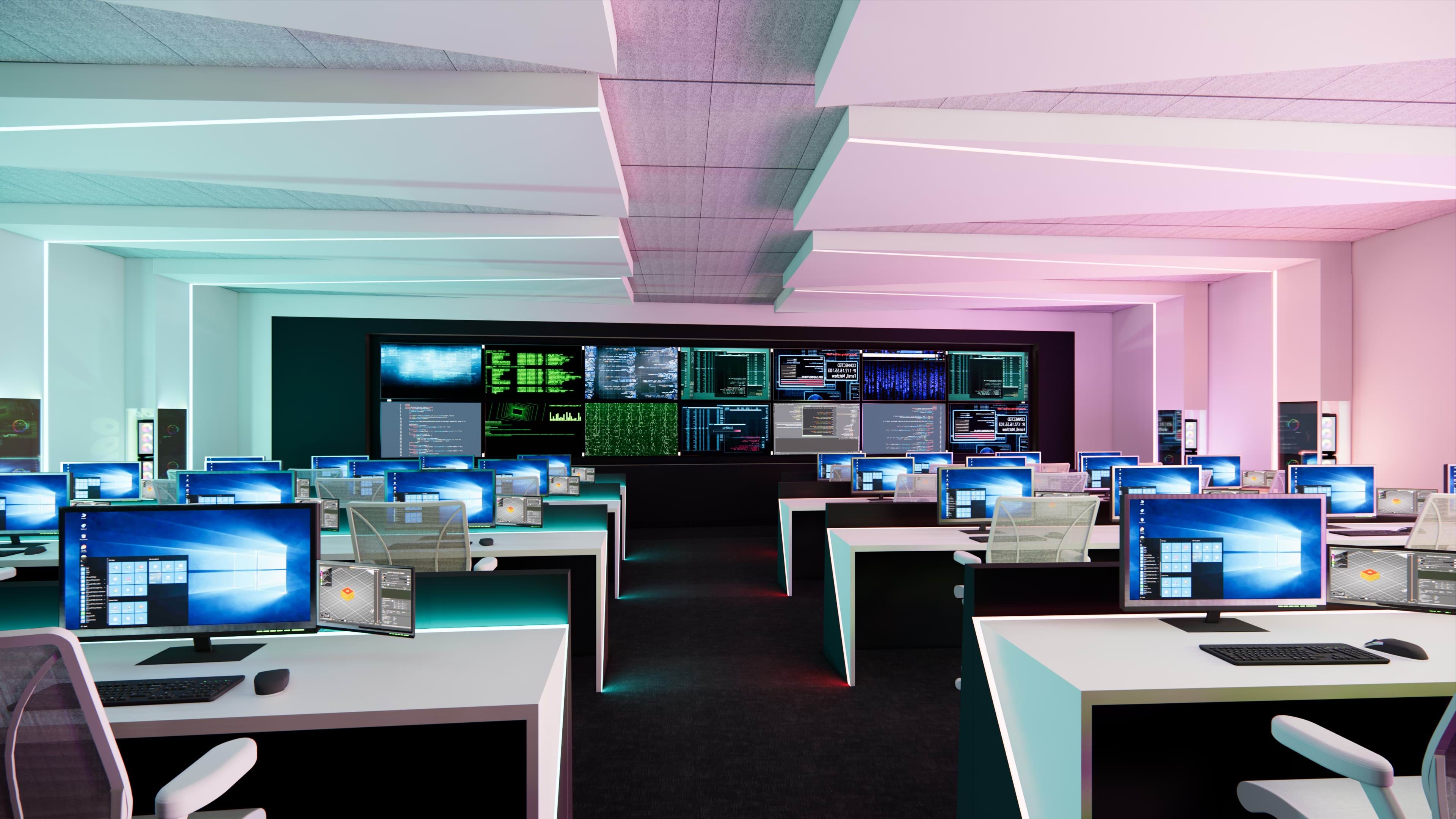 Interior view of the E-Sports arena at Brimbank Tech School (View A), showcasing high-performance gaming setups and vibrant lighting.