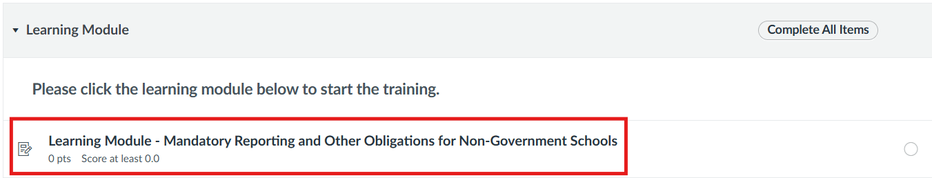 Learning Module screen, with link to go to ‘Learning Module - Mandatory Reporting and Other Obligations for Non-Government Schools’