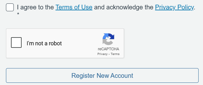 Dialog box prompting users to agree to ‘Terms of Use’, acknowledge the ‘Privacy Policy’ and complete the reCAPTCHA in order to register their account.