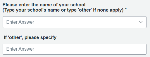 Account creation form with ‘Please enter the name of your school’ field, prompting users to type their school’s name or ‘other’ if none apply.