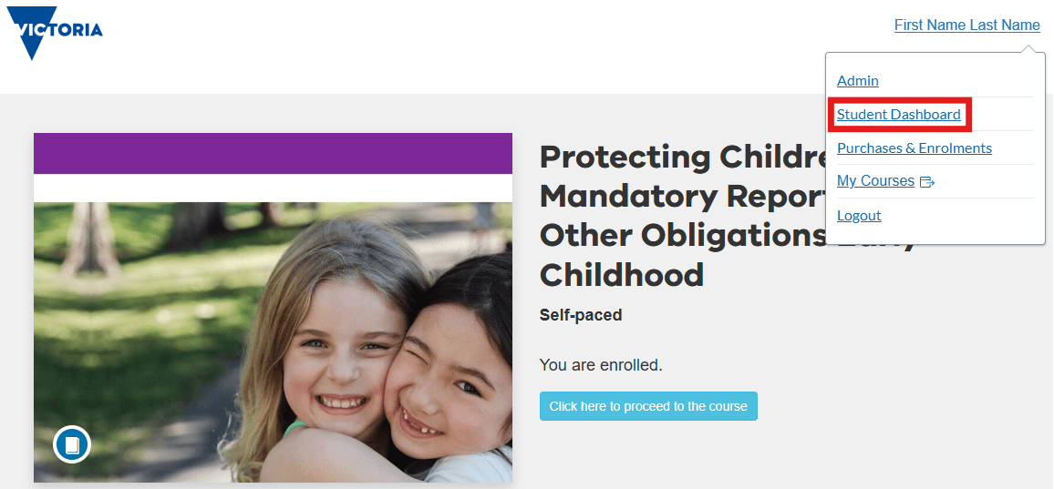 Image of Mandatory Reporting EC student dashboard course page with ‘Student Dashboard’ button highlighted.