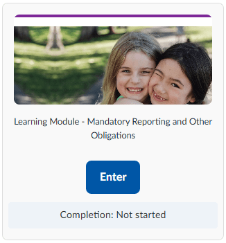 Image of Mandatory Reporting EC learning module tile with ‘Enter’ button.