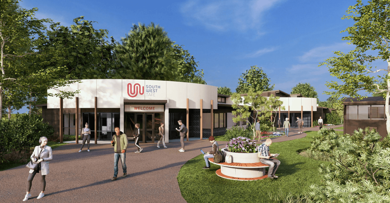 An artist&rsquo;s render of the outside of a South West TAFE building with a white rounded facade in a green space.