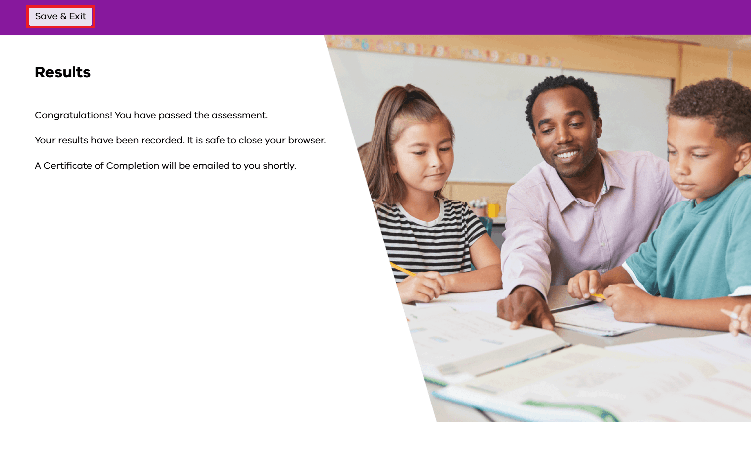 Image of end of ‘Protecting Children - Mandatory Reporting and Other Obligations Early Childhood’ assessment module